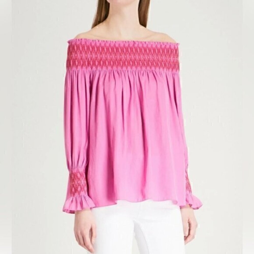 Maje Lofaur Smocked Embroidered Off-the-Shoulder Top